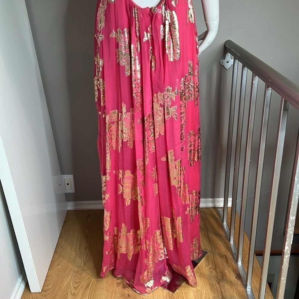 Xscape Sz 10 Pink Silk Gold Lurex Full Length Sleevles Gown Maxi Dress - Picture 7 of 14